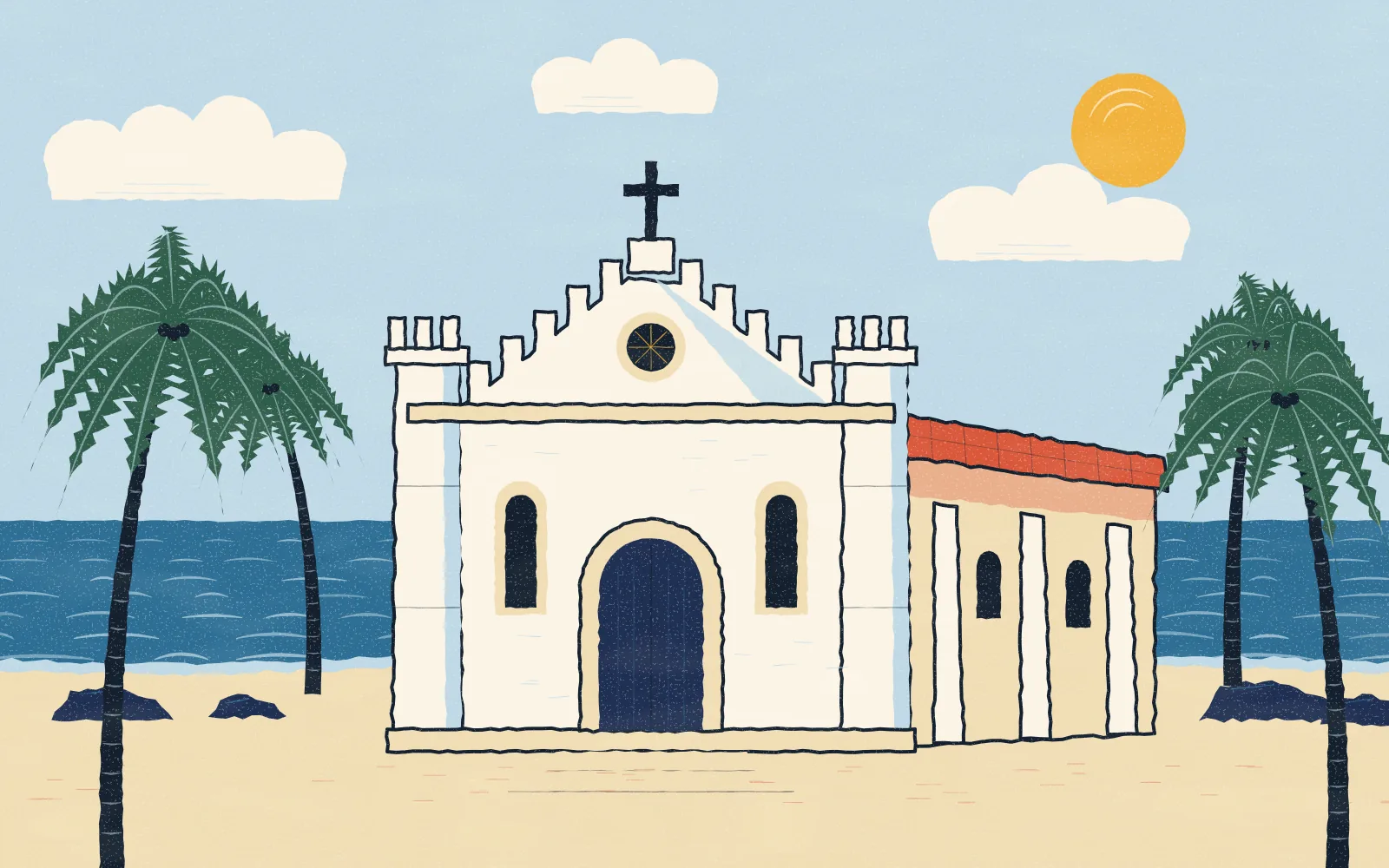 A whitewashed stone church by the sea, with battlements along its gable