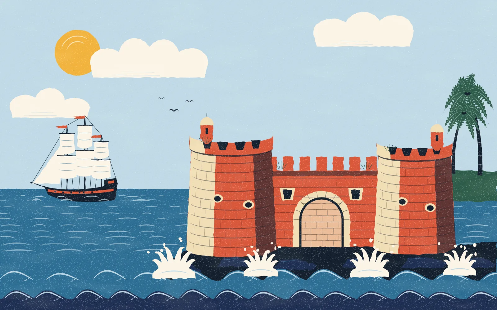 A small stone fort with round bastions at the mouth of a creek, a sailing ship offshore