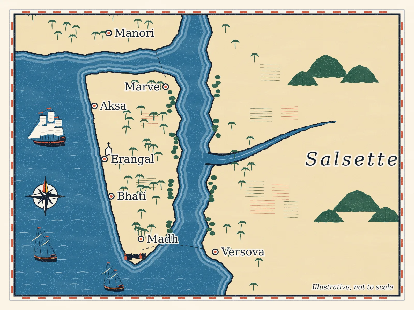 An illustrated old-style map of Madh as a separate island, with Salsette across the creek to the east