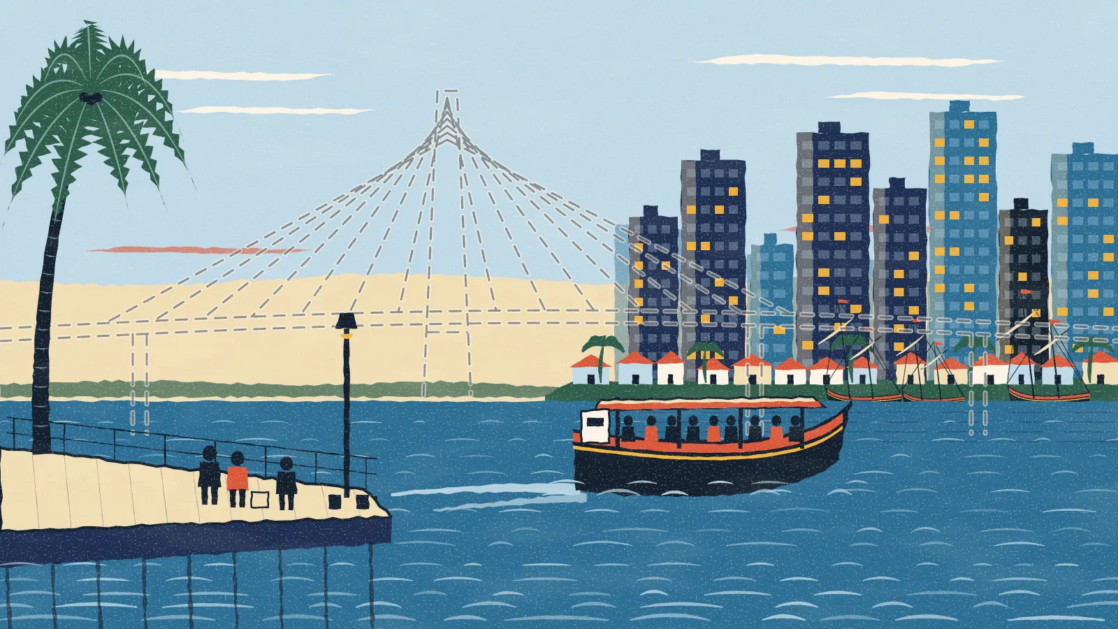 The Versova ferry crossing the creek to Madh jetty, with the outline of a planned bridge